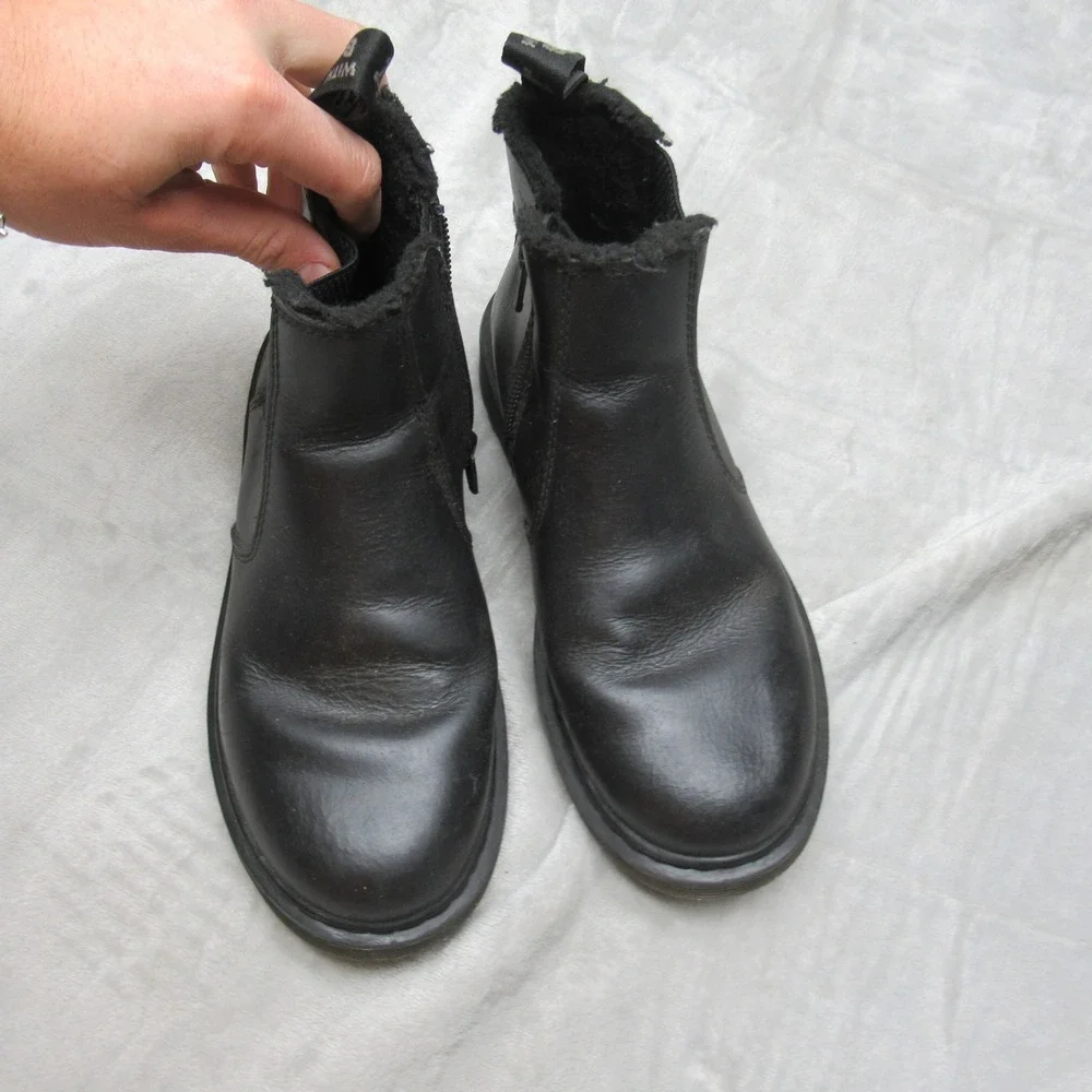 Dr Martens‎ Kids Boot 3 Black Leather Side Zip Faux Fur Line Ankle Leonore Mono